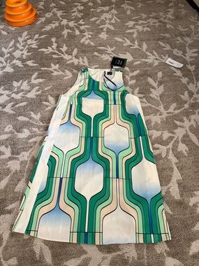 Ladies Retro Geometric Green & Cream A-Line Dress NWT